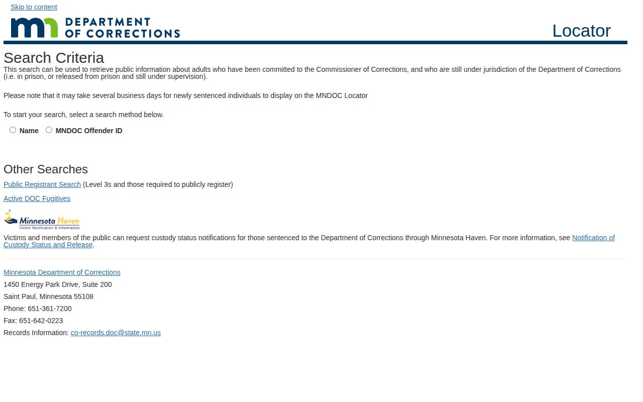 Minnesota DOC Anoka County released inmate search criteria