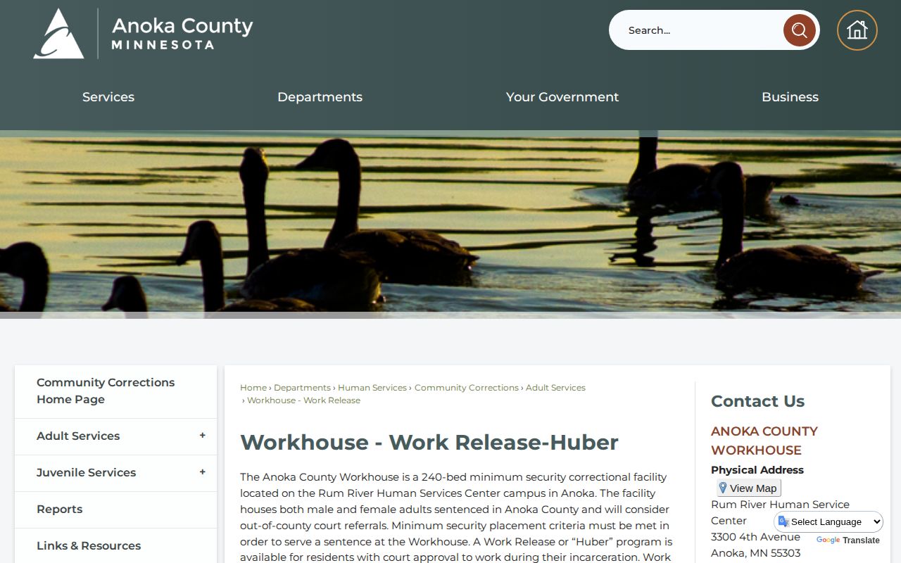 Anoka County Workhouse Huber work release and facility information